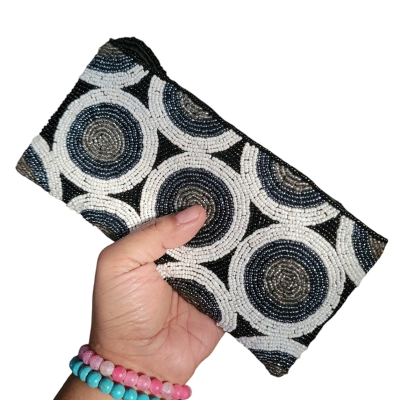 Beaded Evening Clutch Wristlet Blue Black White Clear beads - Picture 1 of 9